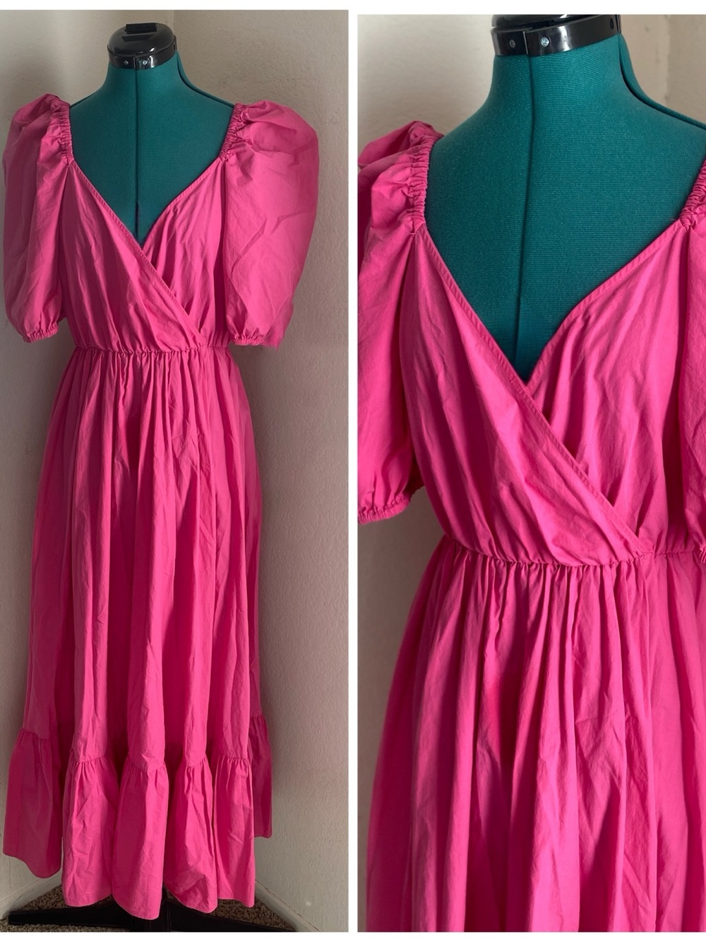 Zara Hot Pink Puff-Sleeve Wrap Maxi Dress Size M